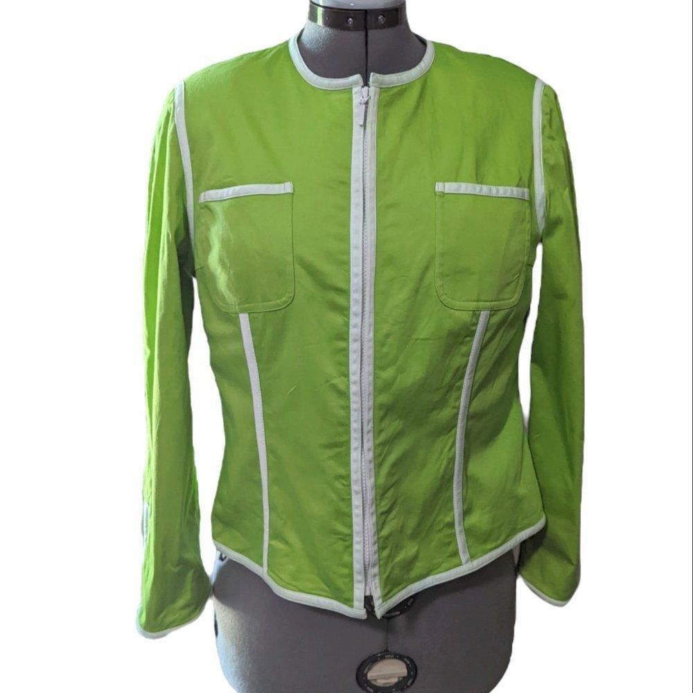 Women's Vintage Maggy London Collarless Lime Green Jacket, Size 14P